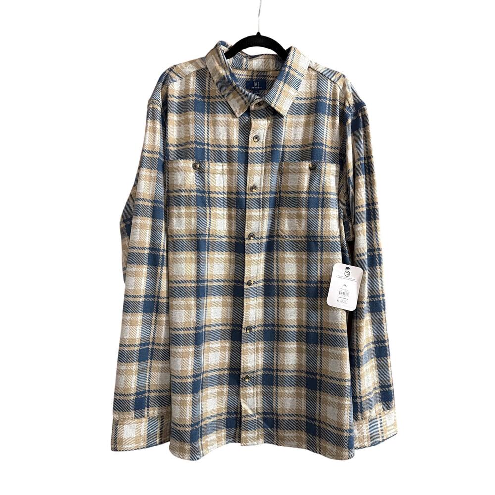 George Big Men's Tan Whit & Blue Plaid Button Down Shirt Size 3XL New